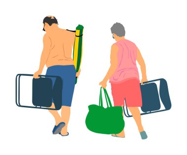 Plaj vektör illüstrasyon kıdemli çift. Olgun erkek ve kadın bikini ve sandalye, çanta ve halı ile mayo yürüyüş. Güneşlenmek sağlık hizmetleri. Gazi suyun yanında rahatladı. Hafta sonu açık hava keyfini çıkarın