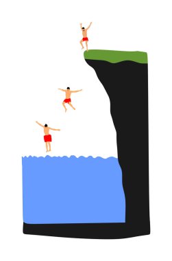 Genç çocuklar suya atlıyor. Adam yüzme havuzunda eğleniyor. Beyaz arkaplanda Cliff jumping vektör illüstrasyonu izole edildi. Sahilde çekici bir su oyunu. Yaz zamanı aktivitesi. Keyifli anlar.