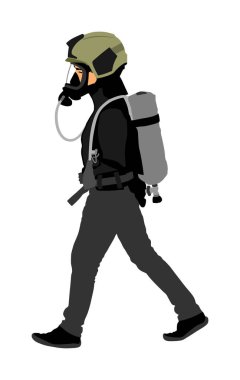 Kask gaz maskesi ile İtfaiyeci, gözlük korumak, oksijen vektör izole ile şişe. İtfaiye koruyucu giysileri. Hava kontaminasyonuna karşı biyolojik tehlike ekipmanları. Cankurtaran kurtarma faaliyeti Nükleer savaş 