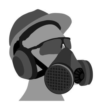 Kasklı, gaz maskeli ve beyaz arka planda izole edilmiş gözlük vektörlü bir işçi. Koruyucu giysi. Mühendis için işçi ekipmanı. Hava kirliliğine karşı biyolojik tehlike ekipmanları. Yağ platformu kiti.