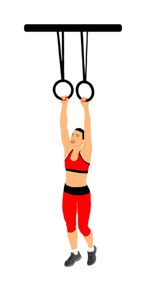Cvičovaná Žena Gymnastickými Prstenci Vektorová Ilustrace Bílém Pozadí Tělocvičně Rozcvičí — Stockový vektor