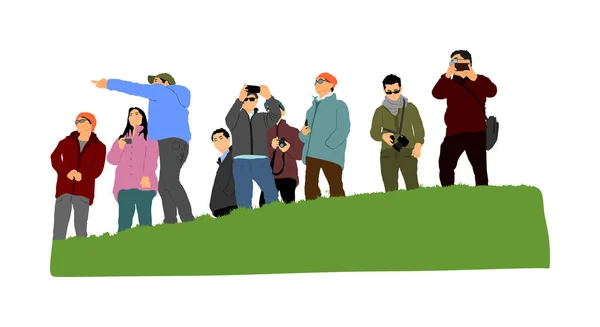 Gente Viajando Descansando Grupo Turistas Parte Superior Ilustración Vectorial Colina — Vector de stock