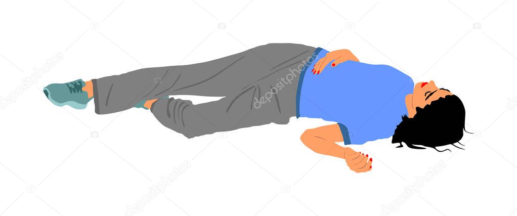 Dead girl lying on the sidewalk vector illustration. Drunk girl unconscious after party. Patient women rescue. Drugged person overdose. Sick teenager. Injured lady after car crush accident. First aid.