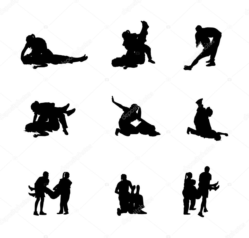 Rescue drowning first aid vector silhouette. Patient woman in unconscious. Drunk person overdose party. Sneak attack victim rescue. CPR rescue team. Victim of fire evacuation. Earthquake rescue. 