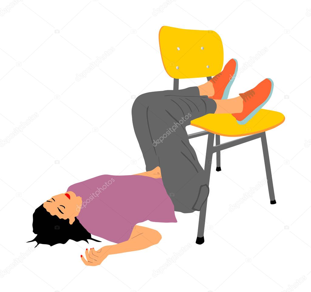 Drunk school girl overdose in unconscious. First aid vector illustration. Patient woman need urgent help . Drugged person overdose after party. Unhealthy teenager struggle for life, weakness stress.