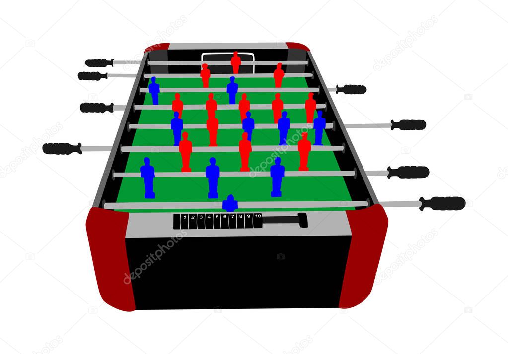 Foosball Soccer Table Game vector isolated on white background. Foosball board game. Hobby and entertainment for friends in bar or home. Social play tool. Ideal birthday present toy for boy.