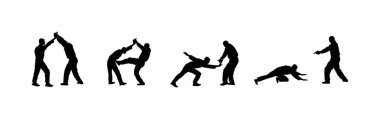 Nefsi müdafaa savaş vektör silueti. Silahlı silahla saldırgana karşı savaşan adam. Krav maga gösteri gerçek durum. Teröriste karşı ömür boyu mücadele edin. Ordu beceri eylem. Polis tutuklandı.