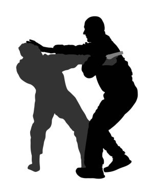 Öz savunma savaş vektör siluet illüstrasyon. Saldırgana karşı silah ya da tabancayla savaşan adam. Gerçek durumda Krav maga gösteri. Teröriste karşı ömür boyu mücadele edin. Ordu beceri eylem.