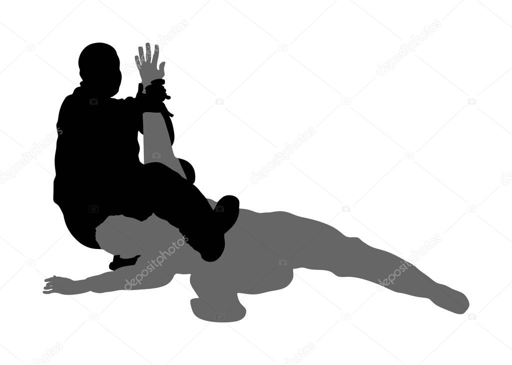 Self defense battle vector silhouette. Man fighting against aggressor on street. Krav maga demonstration in real situation. Combat for life against terrorist. Army skill in action. policeman arrest.