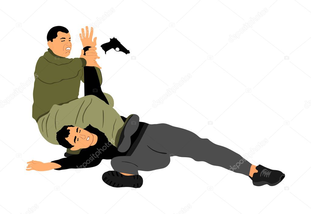 Self defense battle vector illustration. Man fighting against aggressor with gun pistol. Krav maga demonstration real situation. Combat for life against terrorist. Army skill action. Policeman arrest.