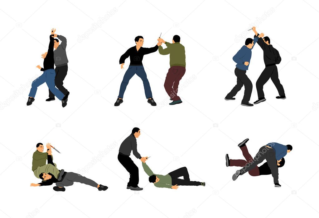 Self defense battle vector illustration. Man fighting against aggressor with knife. Krav maga demonstration in real situation. Combat for life against terrorist. Army skill in action. Policeman arrest