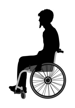 Tekerlekli sandalye vektör silueti beyaz izole engelli adam. Yardım asistanı ile yaralı kişi. Hastanedetedavi sonrası sağlık faaliyeti. Trafik kazası kurbanı. Güçlü iradeli geçersiz çocuk
