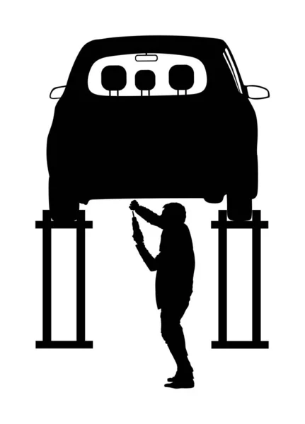 Работник Автосервиса Проверяет Векторный Силуэт Автомобиля Изолированный Белом Автомобиль Подняли — стоковый вектор