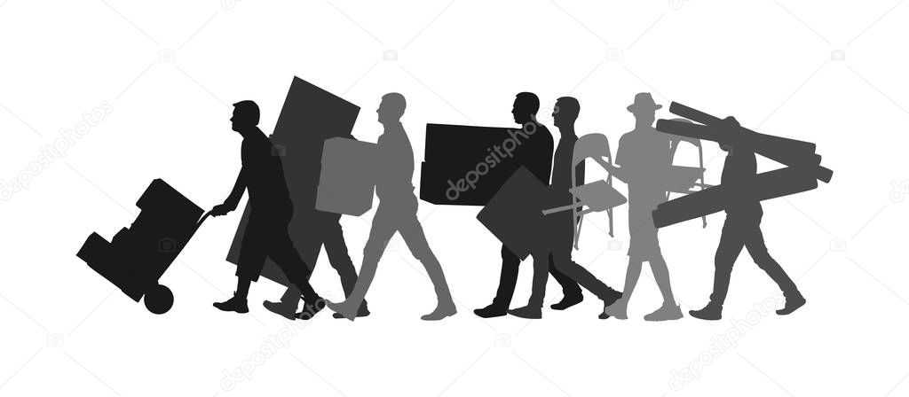Delivery man carrying boxes of goods vector silhouette. Post man with package. Distribution procurement. Boy holding heavy load for moving service. Handy man in move action. Hand transportation method
