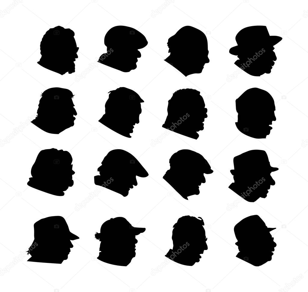 Set of senior people face profile vector silhouette isolated on white. Mature man and woman symbol. Grandfather and grandmother had sign. Hospital care retirement. Aged avatar sign collection. Citizen