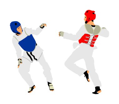 Fight between two taekwondo fighters vector illustration isolated. Sparring on training action. Self defense skills exercising concept. Warriors in the martial arts battle. Combat competition.  clipart