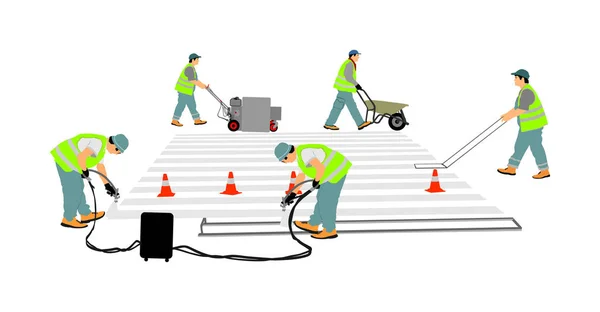 Road Construction Worker Painting Zebra Crossing Sign City Street Vector — Stock Vector