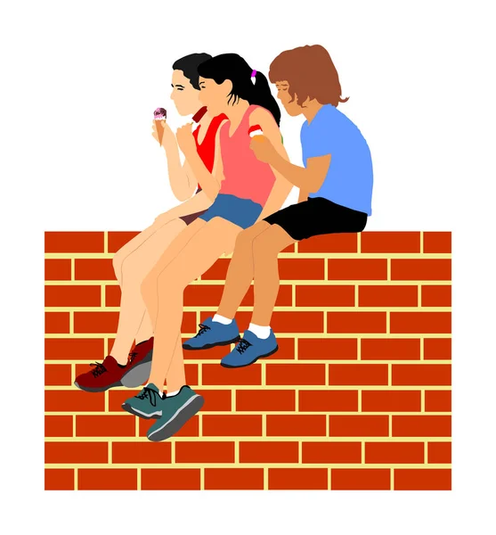 Group Kids Eating Ice Cream Vector Illustration Friends Enjoying Summer — Stock Vector