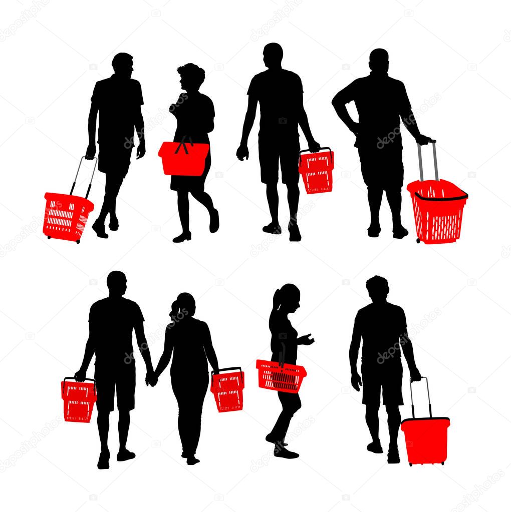 Man and woman doing everyday grocery shopping with shopping basket at supermarket, vector isolated. holding hands couple usual after work with consumer bag buy food and another goods. Shopping cart.