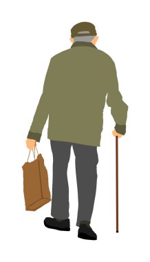 Yaşlı adam kişi vektör sopa ile yürüme, beyaz arka plan üzerinde izole. Alışveriş çantası açık hava etkinliği ile sağlıklı üst düzey.