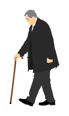 Mutlu yaşlı yaşlı tek başına yürüyen vektör beyaz izole . Sopalı yaşlı adam. Olgun yaşlı insanlar aktif yaşam. Büyükbaba parkta dışarıda. Huzurevinde sağlık.