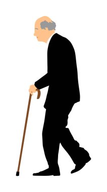 Mutlu yaşlı yaşlı tek başına yürüyen vektör beyaz izole. Sopalı yaşlı adam. Olgun yaşlı insanlar aktif yaşam. Büyükbaba parkta dışarıda. Huzurevinde sağlık hizmetleri. Yalnızlık endişeli.