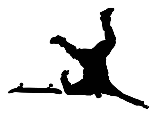 スケーターは通りに落ちる 負傷した選手の事故 スケートパークジャンプトリックで極端なスポーツマン スケートボーダーベクトルシルエットイラストは 白い背景に分離 屋外都市アクション — ストックベクタ