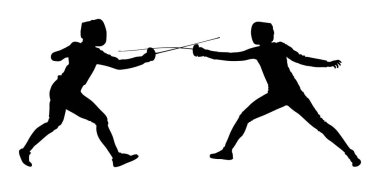 Beyaz arka plan üzerinde izole oyuncu portre vektör siluet illüstrasyon eskrim. Eskrim düello yarışması olay. Kılıç dövüşü. Swordplay düello siyah gölge. Hızlı hareket oyunu. Atlet adam sanat figürü