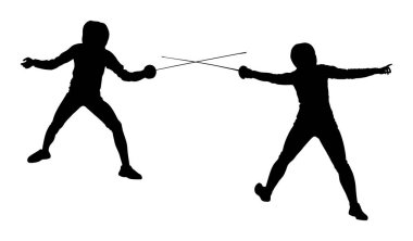 Beyaz arka plan üzerinde izole oyuncu portre vektör siluet illüstrasyon eskrim. Eskrim düello yarışması olay. Kılıç dövüşü. Swordplay düello siyah gölge. Hızlı hareket oyunu. Atlet adam sanat figürü
