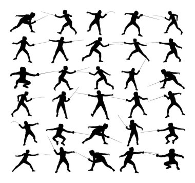 Beyaz arka plan üzerinde izole oyuncu portre vektör siluet illüstrasyon eskrim. Eskrim düello yarışması olay. Kılıç dövüşü. Swordplay düello siyah gölge. Hızlı hareket oyunu. Atlet adam sanat figürü