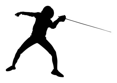 Beyaz arka plan üzerinde izole oyuncu portre vektör siluet illüstrasyon eskrim. Eskrim düello yarışması olay. Kılıç dövüşü. Swordplay düello siyah gölge. Hızlı hareket oyunu. Atlet adam sanat figürü