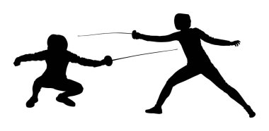 Beyaz arka plan üzerinde izole oyuncu portre vektör siluet illüstrasyon eskrim. Eskrim düello yarışması olay. Kılıç dövüşü. Swordplay düello siyah gölge. Hızlı hareket oyunu. Atlet adam sanat figürü