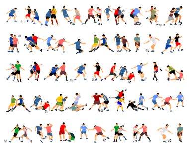 Soccer players in duel vector illustration isolated on white background. Football player battle for the ball and position. Big group collection of different poses in soccer game. clipart