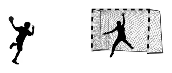 Vettore Silhouette Portiere Pallamano Calcio Rete Isolata Giocatore Pallamano Attacco — Vettoriale Stock