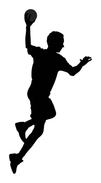 手球运动员在行动 攻击关闭在跳跃矢量剪影插图 优雅的身体运动身材 黑色阴影 动态运动员跳跃和射门点球在目标 — 图库矢量图片