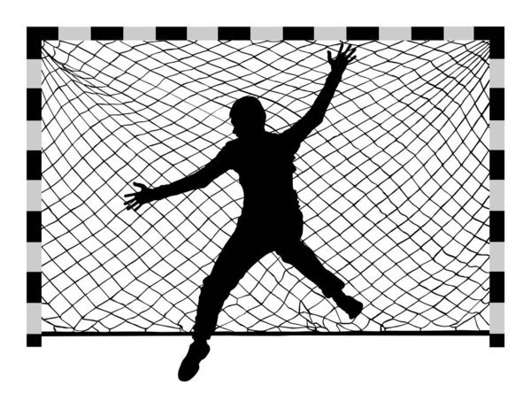 Soccer goalkeeper silhouette vector. Handball goalkeeper silhouette black. Football  Goalkeeper icon and net isolated on white background. Defender sportsman position. Save penalty.
