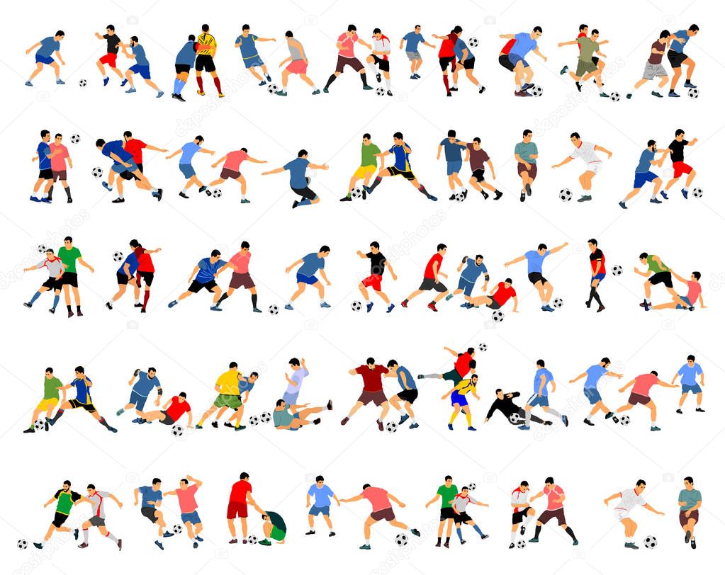 Soccer players in duel vector illustration isolated on white background. Football player battle for the ball and position. Big group collection of different poses in soccer game.