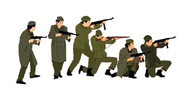 Red army soldiers vector in war action. American soldier with rifle. Partisans against Nazi Germany in WW2. Fierce struggle in occupied Europe. Soviet troops against aggressors in battle. Second World war fighter. clipart