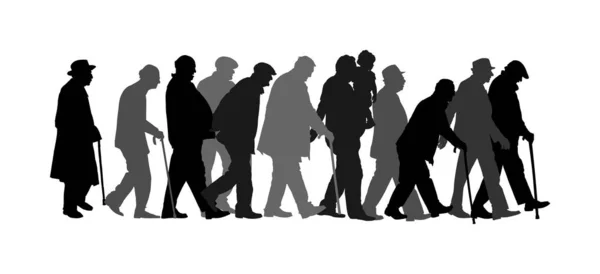 白で隔離された群衆ベクトルを歩く高齢者 スティックシルエットの老人 成熟した老人のアクティブな生活 祖父退役軍人会社老人ホームでのヘルスケア シニアミーティング — ストックベクタ