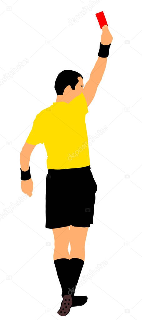 Soccer referee shows red card vector illustration isolated. Football judge red card full length portrait. Football referee showing red card penalty. Arbiter punish soccer player. Russia 2018, training