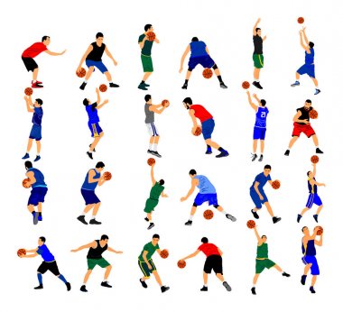 Düello vektör illüstrasyon basketbol oyuncuları büyük grup beyaz arka plan üzerinde izole. Birkaç basketbol durum ve oyunda pozisyon, top için savaş ayarlayın. Engelleme veya smaç durumu.