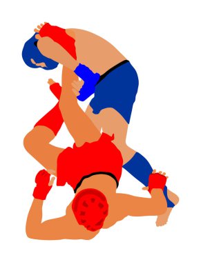 Beyaz arka planda izole edilmiş iki mma savaşçı vektör çizimi. Karma dövüş sanatları savaşı. Güreş, boks, judo, karate ve diğer beceriler. Kendini savunma kavramı.