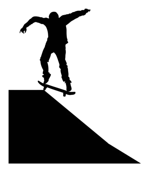 Extreme sport game, skateboarder in skate park, air jump trick. Skateboard vector silhouette, black illustration isolated on white background. Outdoor urban danger action. Skate park sport recreation.