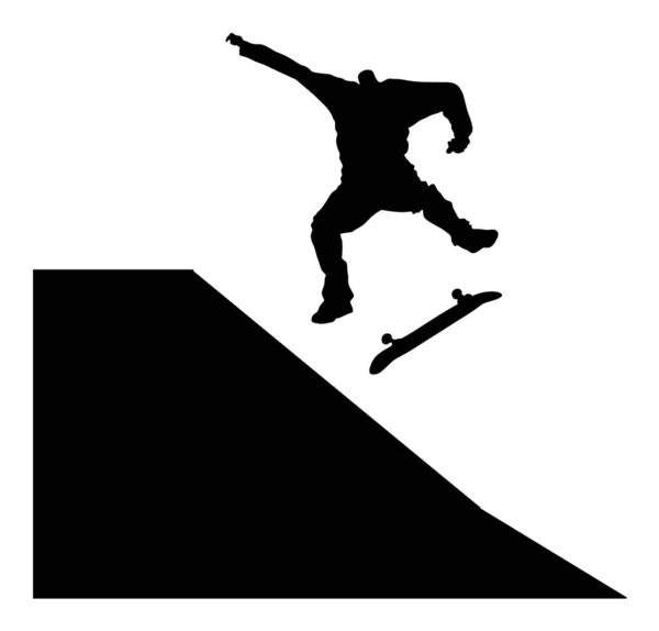 极限运动游戏 滑板在滑板公园 空中跳跃技巧 滑板矢量剪影 黑色插图隔离在白色背景上 户外城市危险行动 滑板公园运动休闲 — 图库矢量图片