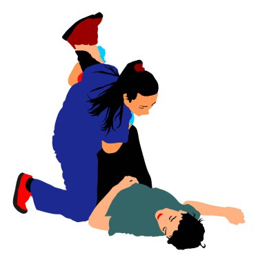 Paramedik kurtarma hasta ilk yardım vektör illüstrasyon. Baygın boğulan kadın. Aşırı dozda sarhoş. Gizlice saldırı kurbanı kurtarma. Kalp masajı kurtarma ekibi. Yangın tahliyekurbanı. Deprem kurtarma 