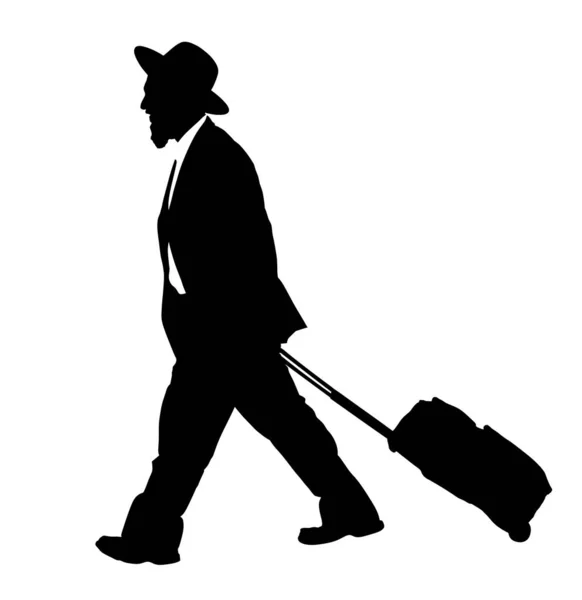 スイートベクトルシルエットイラストのアーミッシュマン ユダヤ人のビジネスマン白で隔離されたローリングスーツケースベクトルで歩く観光客の旅行者 ダイヤモンド商人宝石商バイヤー イスラエルからのトレーダー — ストックベクタ