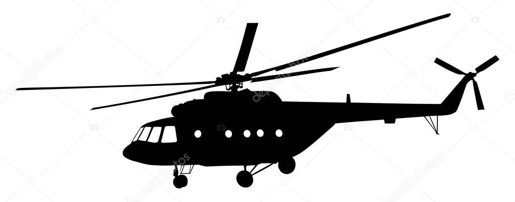 Silhouette of a military helicopter vector illustration isolated on white background. Part of strong army weapon. Transportation aircraft for combat.  Chopper in air in evacuation action. Whirlybird.