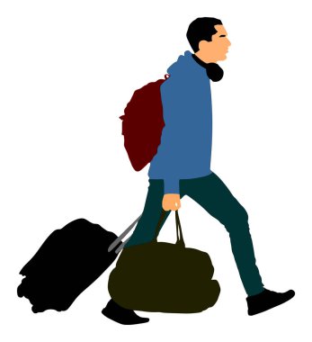 Beyaz arka planda izole onun haddeleme bavul vektör illüstrasyon taşıyan turist adam gezgin. Sırt çantası izole turist. Seyahat eden adam yolcu. Bagaj ile Boy hostele gitmek.