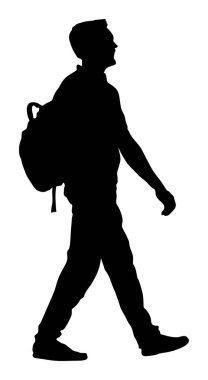 Sırt çantası vektör siluet illüstrasyon beyaz arka plan üzerinde izole ile Turist adam. Erkek yolcu yürüyor. Şehir gezgini. Seyahat çocuk yürüyüş.