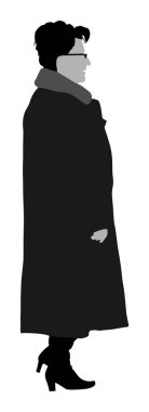 Bir kürk ceket vektör illüstrasyon zarif olgun bayan. Son sınıf kadın şık görünümlü. Zengin kendine güvenen bayan moda tarzı sokakta yürüyüş.